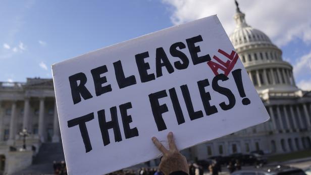 Eine Person hält ein Schild mit der Aufschrift „RELEASE ALL THE FILES!“ vor einem Regierungsgebäude hoch.