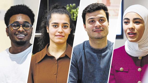 Vier junge Geflüchtete unterschiedlicher Herkunft schauen freundlich in die Kamera.