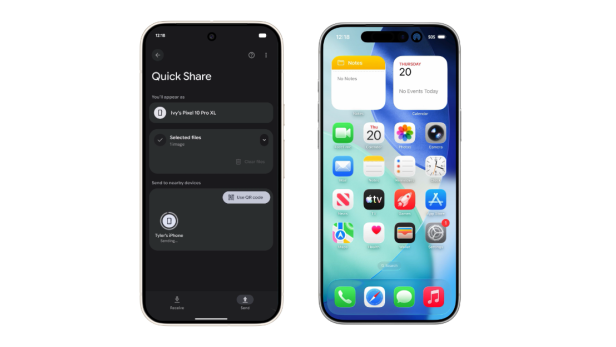 Zwei Smartphones zeigen Quick Share auf Android und den Homescreen eines iPhones nebeneinander.