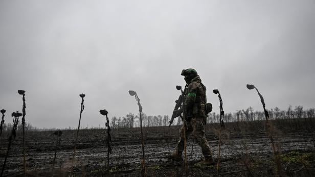 A serviceman walks at a position in a front line near the town of Pokrovsk