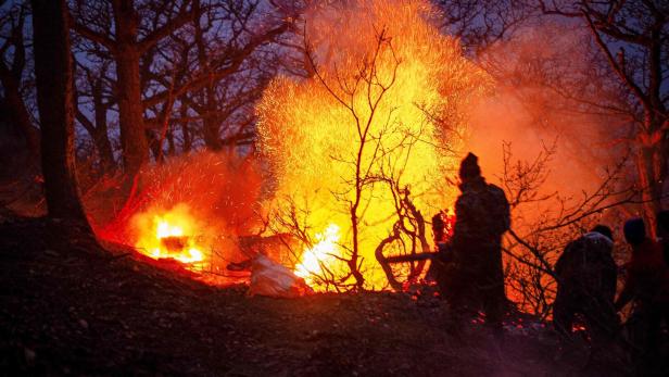 Mehrere Personen stehen in einem dunklen Wald nahe eines großen, lodernden Feuers mit Funkenflug.