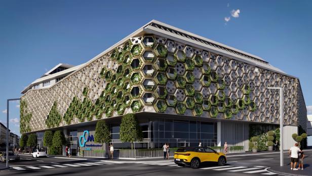 Ein Rendering des neuen Gesundheitszentrums mit grüner Fassade. 