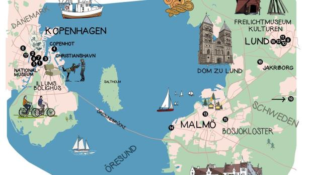 Eine Landkarte von Kopenhagen und Schweden mit eingezeichnet Hotspots