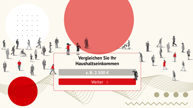 Ein Rechner mit stilisierten Menschen rundherum auf einem beigen Hintergrund.