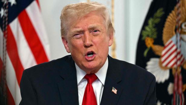 Donald Trump spricht vor US-Flagge und Staatssiegel.