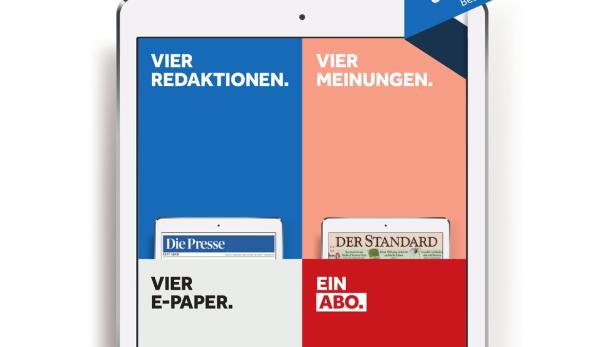 Ein Tablet zeigt eine Anzeige für „Die Presse“ und „Der Standard“ mit dem Slogan „Vier Redaktionen. Vier Meinungen. Vier E-Paper. Ein Abo.“.