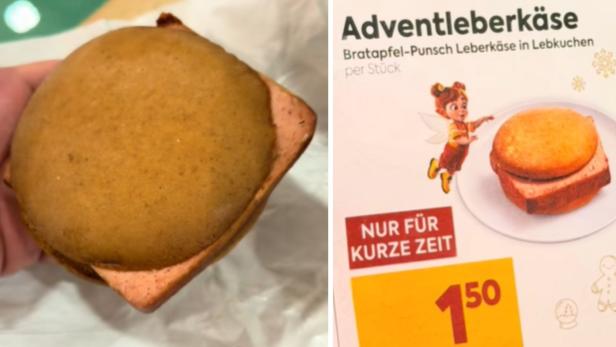 Bratapfel-Punsch-Leberkäse im Lebkuchensemmerl neben Werbeschild mit Preisangabe.