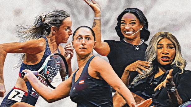 Eine Bild-Collage mit der Leichtathletin Hunter Bell (li.) Turnerin Biles (hinten) und den Tennisspielerinnen Paszek und Serena Williams.