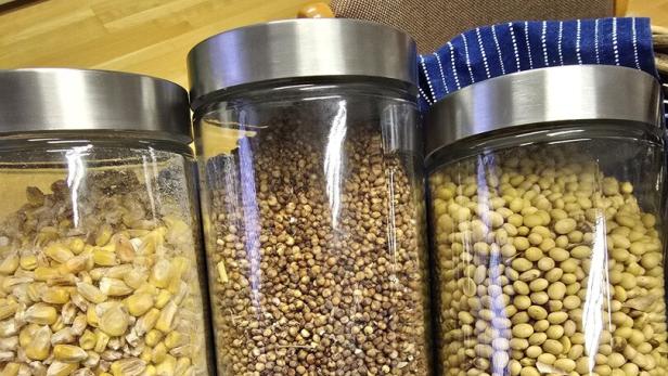 Drei Glasbehälter mit Mais, Hirse und Sojabohnen stehen nebeneinander auf einem blau gestreiften Tuch.