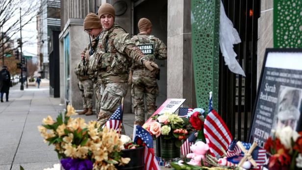 A makeshift memorial to slain West Virginia National Guard soldier Sarah Beckstrom in Washington