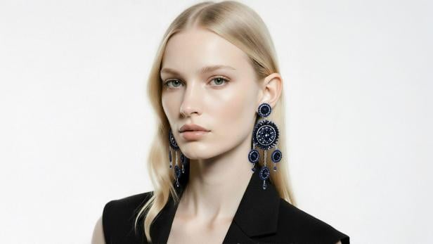 Eine blonde Frau mit heler Haut, in einem schwarzen Oberteil, mit schönen Ohrringen 