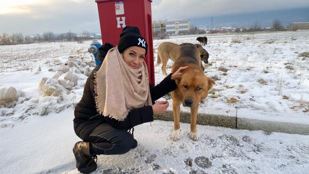 Eine Frau mit einem Hund im Schnee 