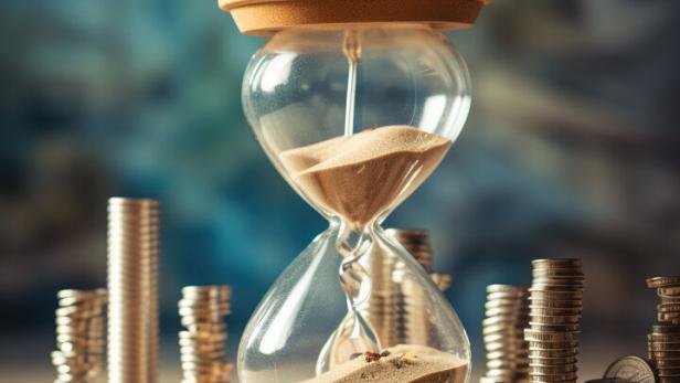 Sand clock and coins stack, time to pay concept