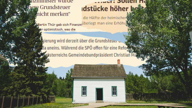 Kollage mit Haus vor Zeitungsschnipseln