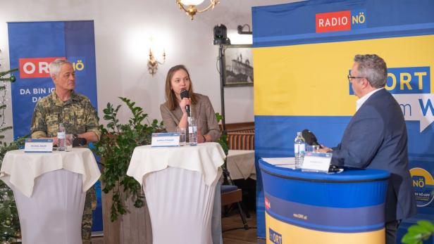 Drei Personen diskutieren an Stehtischen mit Mikrofonen und Namensschildern bei einer Radiosendung, Pflanzen im Hintergrund.