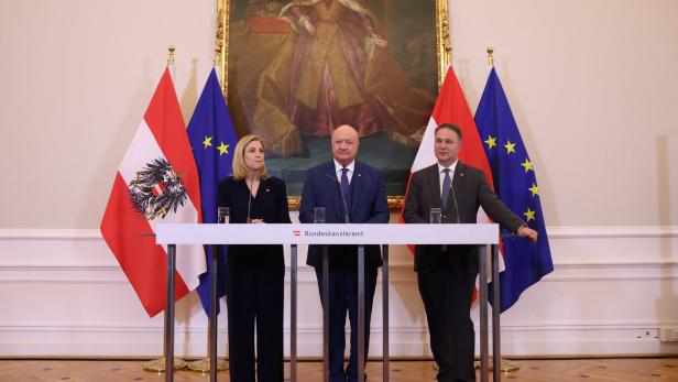 Austrian Chancellor Christian Stocker, Vice-Chancellor Andreas Babler and Foreign Minister Beate Meinl-Reisinger attend a press conference in Vienna