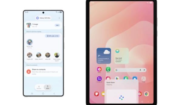 Samsung-Smartphone und Tablet zeigen neue Sharing- und Quick-Share-Funktionen auf dem Display.