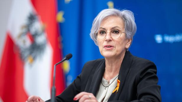 Eine ältere Frau mit grauen Haaren und Brille spricht am Mikrofon, im Hintergrund sind österreichische und EU-Flagge.