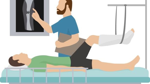 Doctor in patient room, look at bone x-ray, vector illustration. Medical health care at flat clinic, professional treatment.