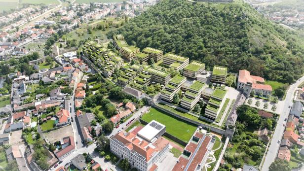 Luftaufnahme zeigt Gebäude und Grünflächen