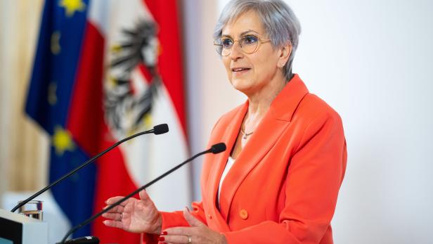 Eine Frau mit grauen Haaren und Brille spricht an einem Rednerpult, im Hintergrund sind EU- und Österreich-Flaggen.