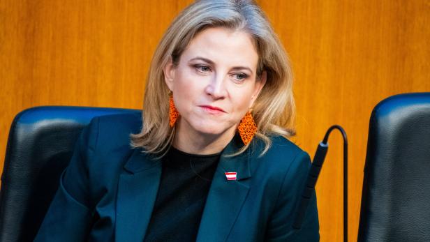 Eine Frau mit blondem Haar und orangefarbenen Ohrringen sitzt vor einem hölzernen Hintergrund.