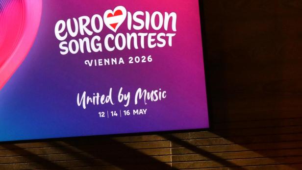 Plakat mit dem Schriftzug „Eurovision Song Contest Vienna 2026“ und dem Motto „United by Music“.