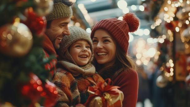 Eine Familie steht lächelnd mit einem Geschenk vor bunten Weihnachtsdekorationen.