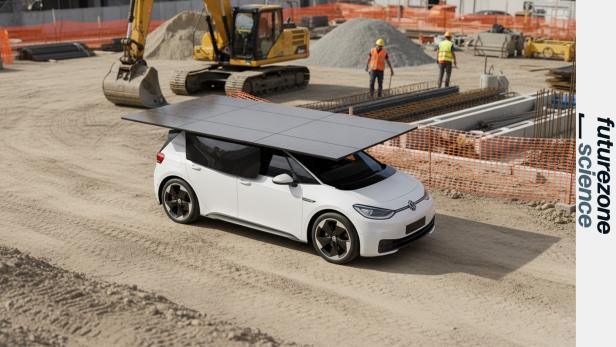 Konzeptgrafik zeigt Elektroauto mit Solarwing am Dach, das vor einer Baustelle steht