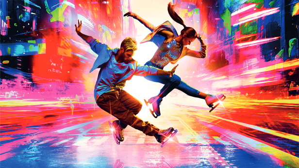 Werbung für Holiday on Ice: Eine Eiskunstläuferin und ein Eiskunstläufer machen Figuren vor farbigem Hintergrund