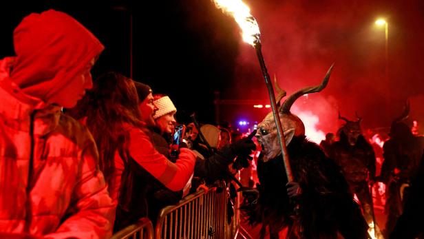 People as Krampus parade in Goricane