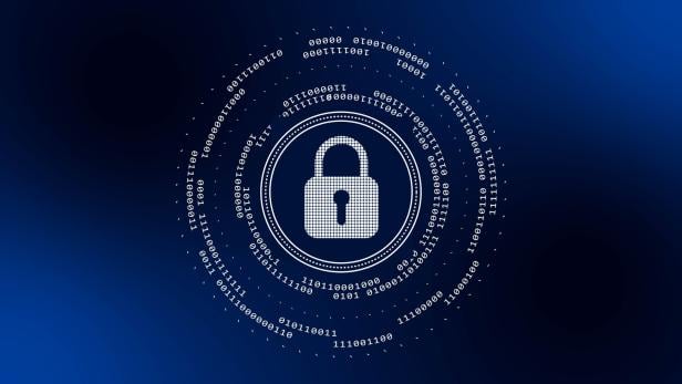 Digital internet cyber security technology concept - abstract background of binary code around padlock on dark blue background