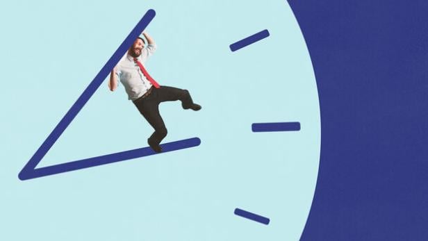 Modern collage. Businessman trapped between clock hands surreal pressure concept