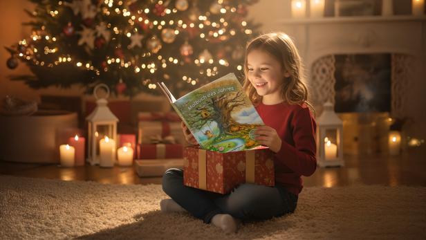 Kind sitzt vor Weihnachtsbaum und hält das „Malbuch des Jahres“ als Geschenk in den Händen.
