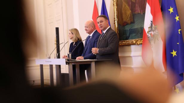 Austrian Chancellor Christian Stocker, Vice-Chancellor Andreas Babler and Foreign Minister Beate Meinl-Reisinger attend a press conference in Vienna