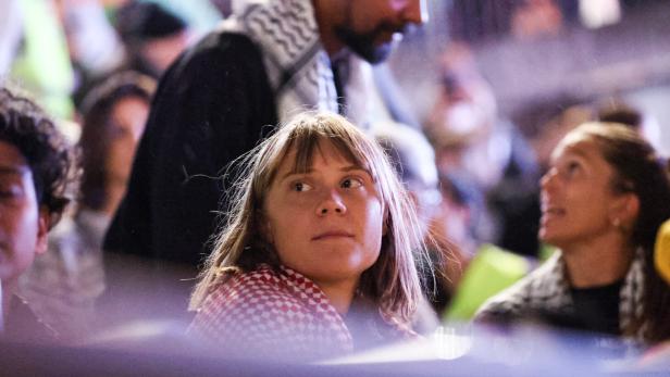 Porträt von Greta Thunberg mit Palästinenserschal zwischen anderen Aktivist:innen nach der Ausweisung durch Israel