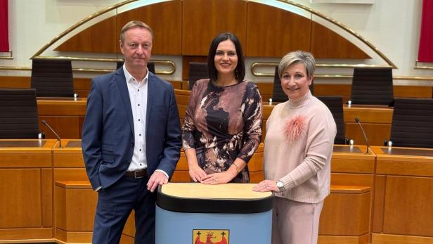 Drei Personen stehen in einem Sitzungssaal hinter einem Rednerpult mit dem Wappen und Schriftzug „Landtag Burgenland“.