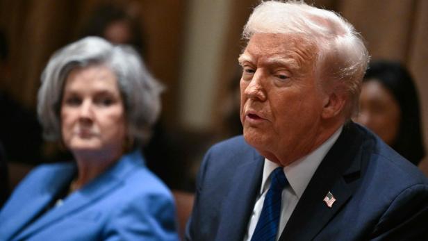 Donald Trump spricht in einem dunklen Anzug mit US-Flagge am Revers.