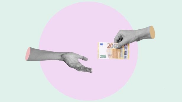 Eine Hand reicht einer anderen Hand 200 Euro abstrakes Bild