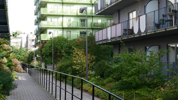 Gepflasterter Weg mit Geländer zwischen modernen Wohnhäusern und viel grüner Bepflanzung.