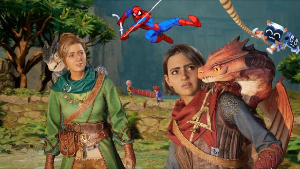 Zwei Abenteurerinnen mit Drachen, Comic-Spiderman und weitere Spielfiguren vor Waldkulisse.