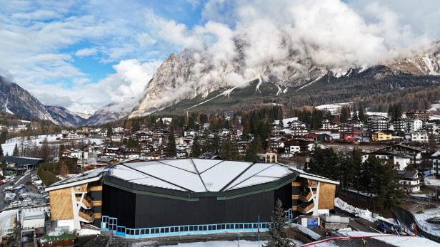 A drone view shows the Cortina Curling Olympic stadium and the Cristallo mountain, ahead of Milano Cortina Winter Olympics 2026, in Cortina dAmpezzo