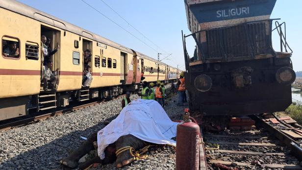 Train passengers use their mobile phones to take photographs of a dead elephant after it was hit by a train in Hojai district