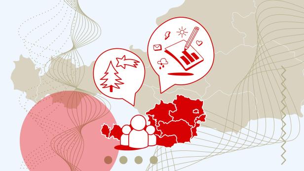 Drei Figuren mit Sprechblasen über dem Kopf, in denen ein Christbaum, ein Weihnachtsstern und ein Stift mit Balken, die eine Umfrage symbolisieren sollen, sind.