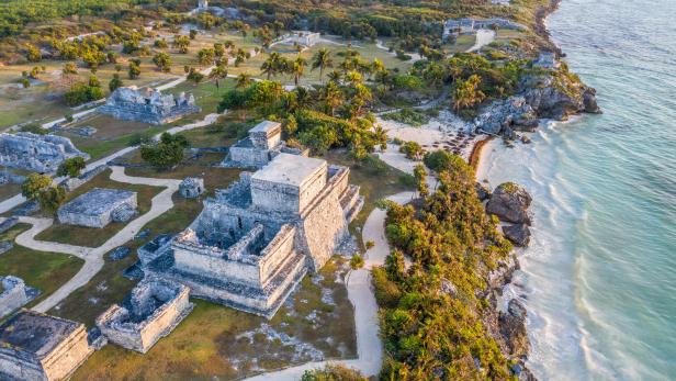 Drone view of El Castillo, Tulum ruins archeological zone, Mexico