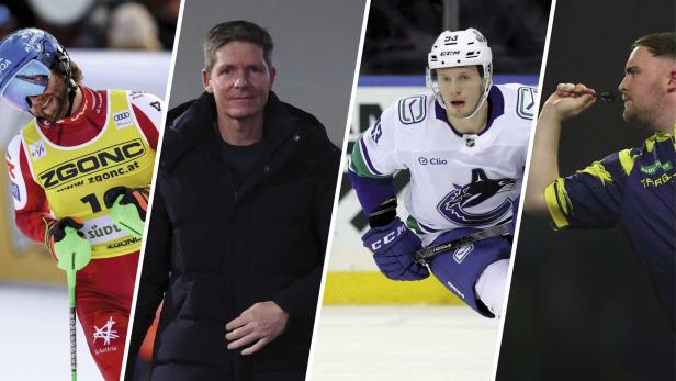 Bildcollage mit Marco Schwarz, Oliver Glasner, Marco Rossi und Luke Littler.