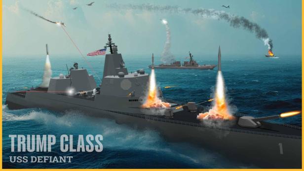 Kriegsschiff feuert Raketen und Geschütze ab, Laserstrahl trifft anfliegende Rakete, brennendes Schiff.