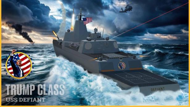 Ein Kriegsschiff mit US-Flagge feuert Raketen ab, im Hintergrund brennt ein Schiff und ein Hubschrauber fliegt am Himmel.