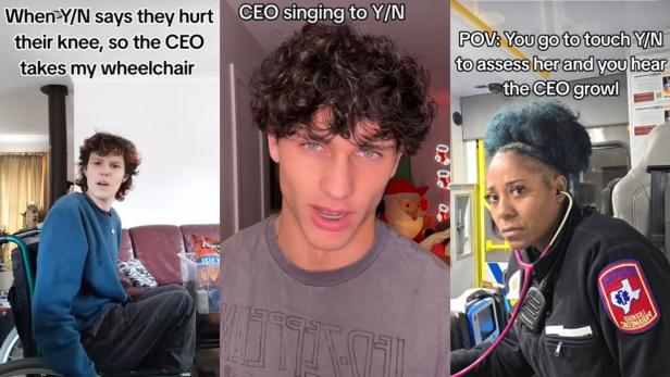 Drei TikTok-Szenen zeigen humorvolle Darstellungen typischer "y/n"- und CEO-Momente, die das virale Meme rund um übertriebene Fanfiction-Klischees aufgreifen.