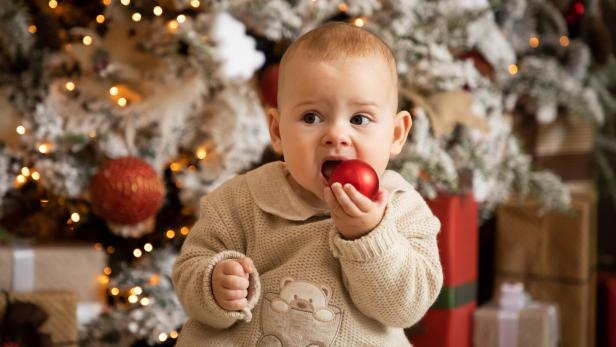 Portrait Of Cute Boy With Christmas Tree